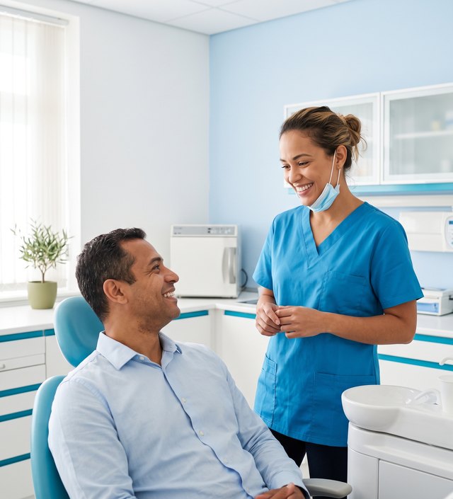Dentista conversando com um paciente sentado na cadeira, antes do atendimento, no consultório da Care Dental